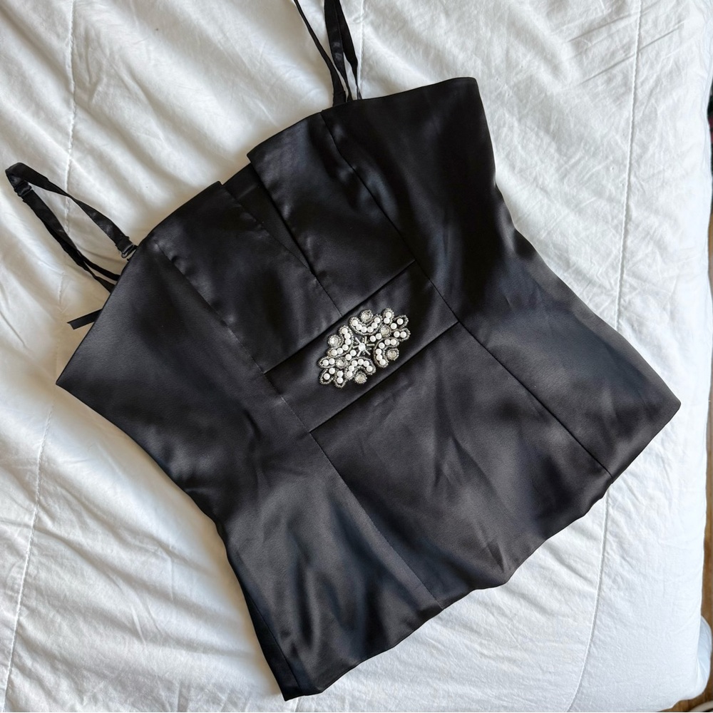 VENUS satin bejewelled black corset top